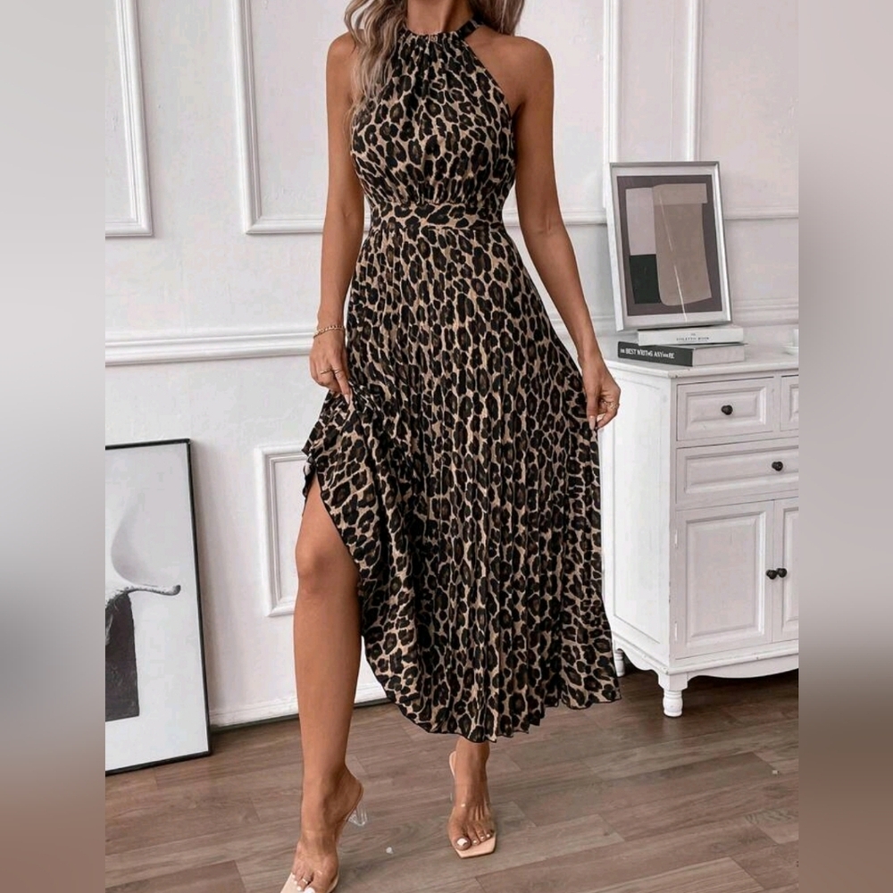 New Chic Strappy Halter Leopard Print Dress Pleated Sleeveless Tan Brown Black - Picture 2 of 8